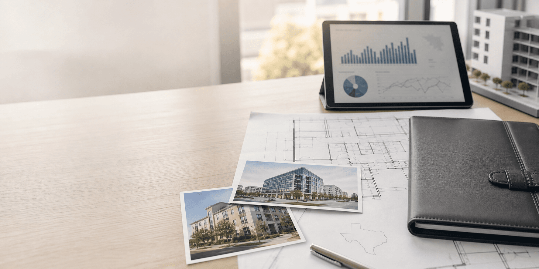 Professional appraisal workspace with property analysis materials
